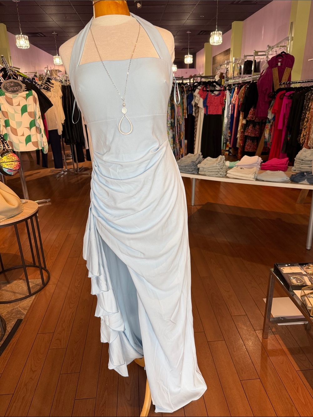 Halter Light Blue Ruched High-Low Evening Dress